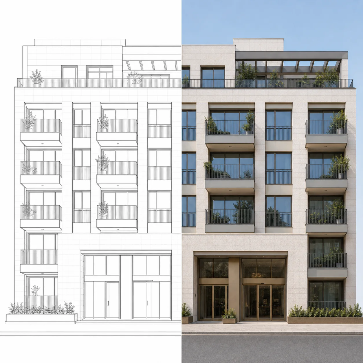 Comparison between an architectural drawing and a render